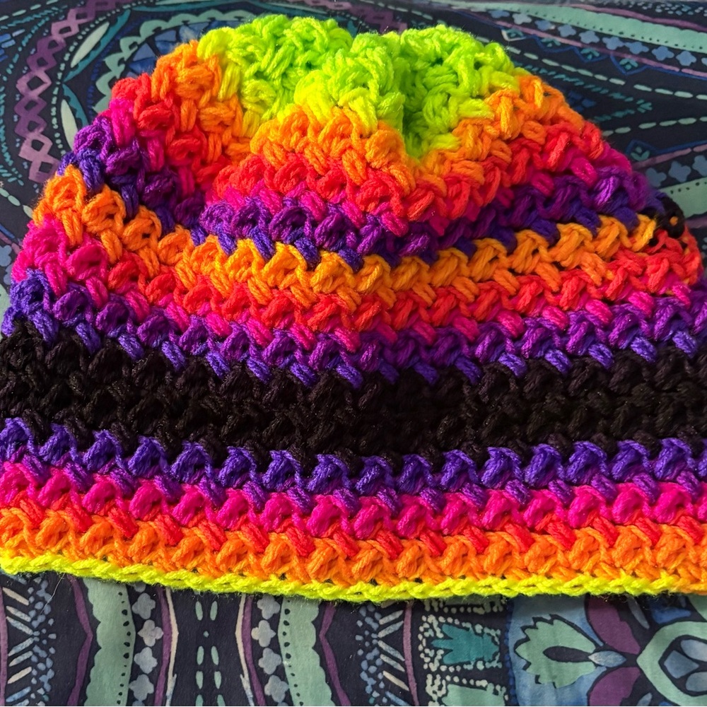Handmade Crochet Beanie - Neon Rainbow Colors